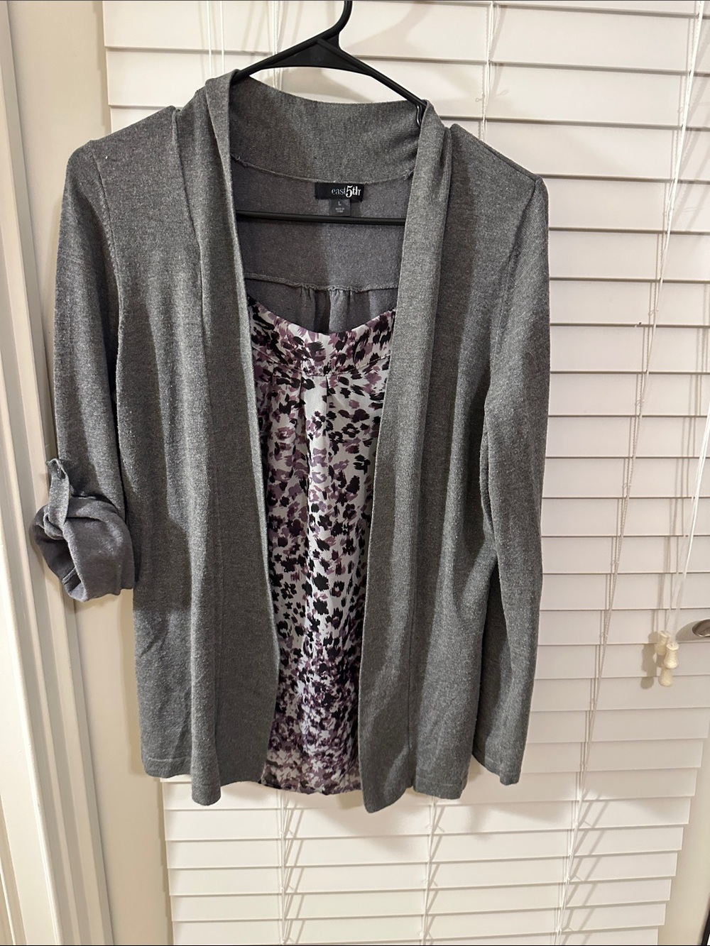 East 5th Gray Open-Front Cardigan with Purple Printed Shell